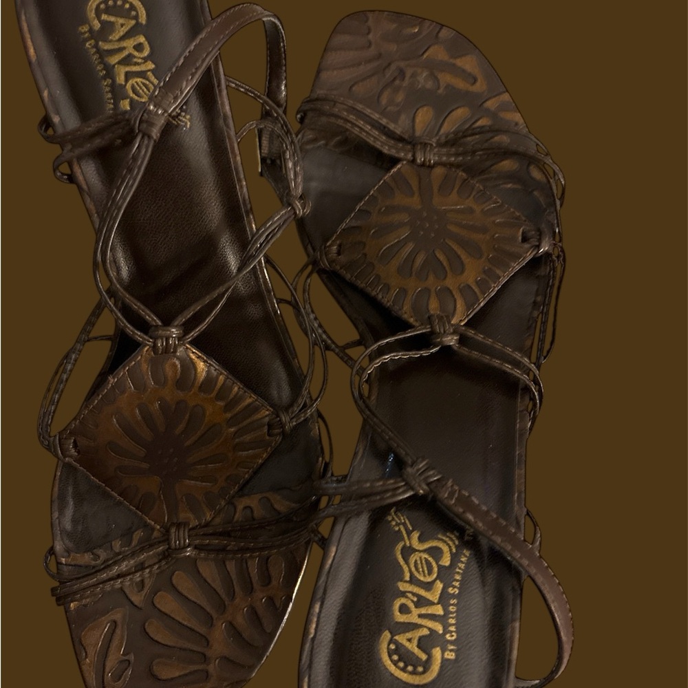 Carlos by Carlos Santana Brown Leather Sandals with Floral Design